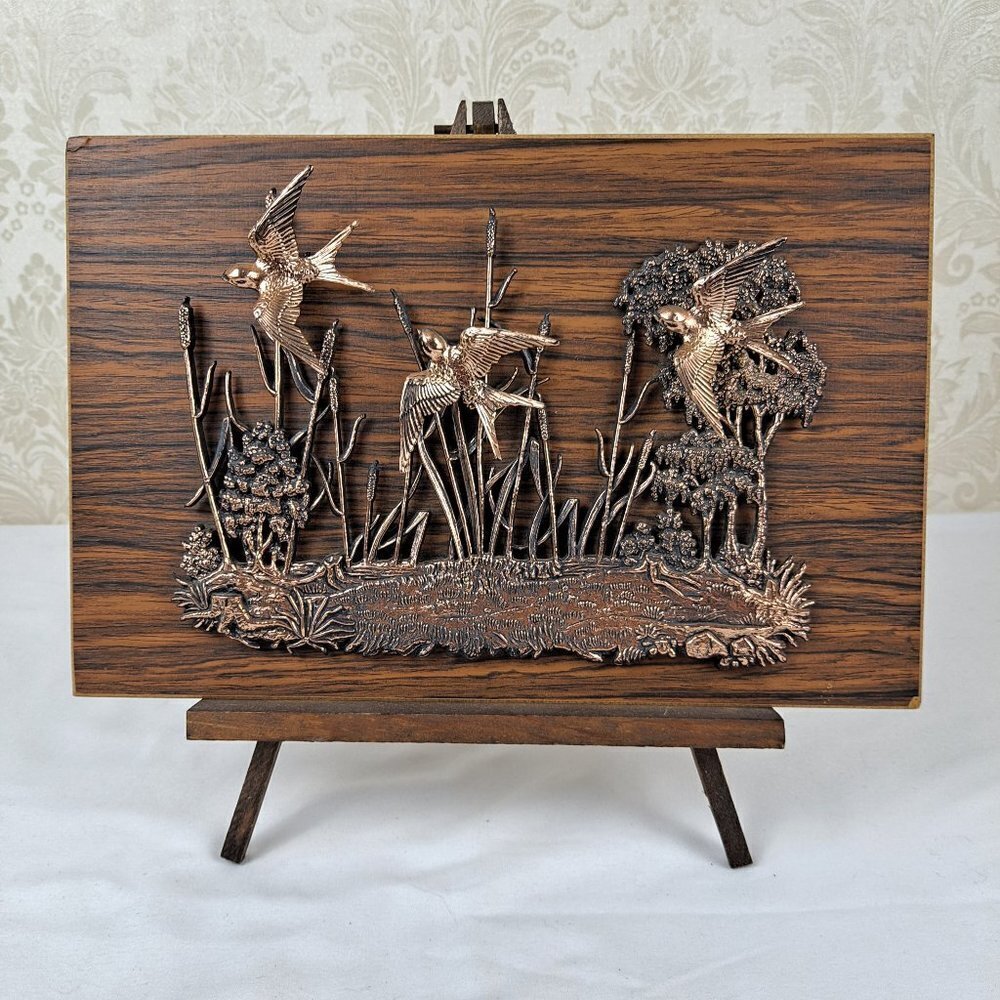 Birds in Flight, Copper on Wood with Wooden Easel or Wall Hanging Vintage